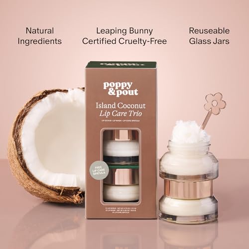 Poppy & Pout Lip Care Trio, Island Coconut Lip Scrub & Natural Lip Mask Set for Dry Lips, Moisturizing Sugar Scrub Exfoliator, Overnight Lip Treatment, Recyclable Glass Jars, Cruelty Free