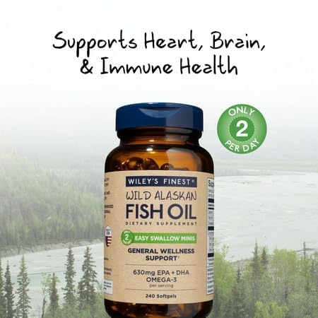 Wiley's Finest Wild Alaskan Easy Swallow Minis, 240 Count (Pack of 1) | Wild Alaskan Fish Oil, Easy Swallow Mini Softgels, 630 mg EPA and DHA, Omega-3 Supplement for Adults and Kids Unflavored 240 Count (Pack of 1)
