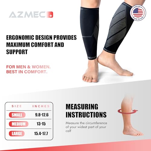 Azmec Compression Calf Sleeves Shin Splint Support, Leg Cramps, Leg Pain Relief, Running, Circulation and Recovery Unisex (1 Pair) Brace for Running, Nurses, Post Surgery, sports (Large) Large