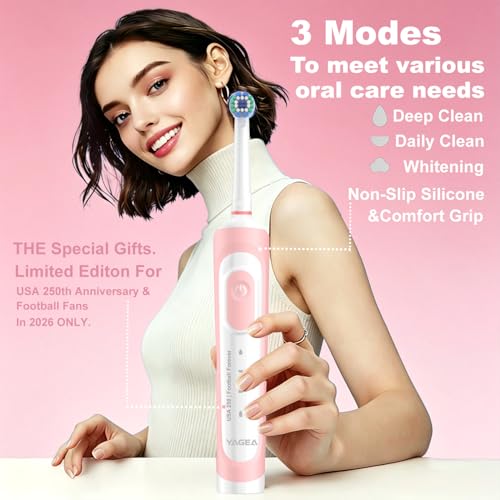Rotating Electric Toothbrush for Adults with 8 Brush Heads, Rechargeable Power Toothbrush with Smart Timer, 70-Day Battery Life, 3 Modes S3 (Pink) Pink