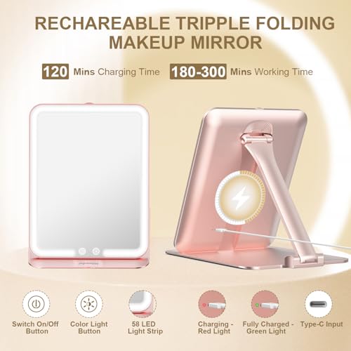 Mocado Travel Makeup Mirror with Light, Foldable Lighted Makeup Mirror Rose Gold 7.5"L x 5"W