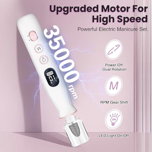 Electric Nail Drill Cordless 2000 mAh Rechargeable Portable Nail File Drill White
