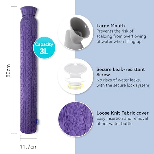 Hot Water Bottle with Knitted Cover, Hot Water Bag for Bed, Body Feet Warm, Pain Relief. Hot and Cold Therapies for Women Girls Seniors. Ideal Gift for Birthday, Womens', Christmas Day, Purple