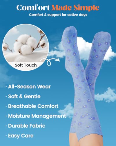 LEVSOX Cotton Compression Socks for Women Men 20-30 mmHg Knee High Cute Support Sock for Nurses Flying Pregnancy Small-Medium 4 Pairs-Floral