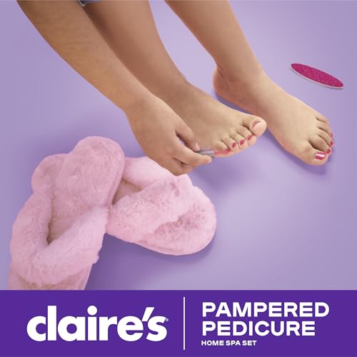 Claire's Kids Pedicure Kit, 7-Piece Home Spa Set with Fuzzy Slippers, Nail Polish, Toe Separators & Nail File, Kids Pedicure Tools for Feet, Girl Toys & Beauty Activity, Gift for Girls Age 8+