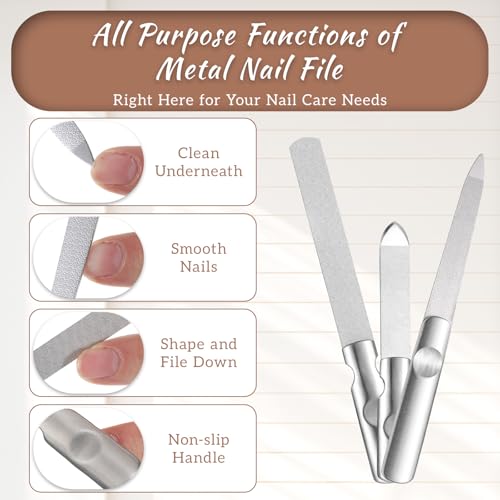 TIESOME 3 Pcs Toe Nail Files for Thick Nails, Stainless Steel Metal Nail File, Double Sided with Anti-Slip Handle, Durable for Thick Toenails & Fingernails, Home or Salon Use