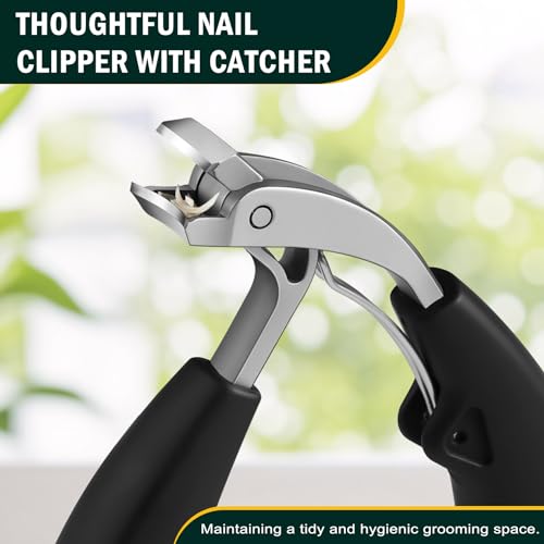 FVION Innovative Angled Head Toenail Clippers, Professional Ingrown Toe Nail Clippers for Thick Nails Seniors, Slanted Nail Clippers with Catcher, Pedicure Toenail Cutters Toenail Scissors Black Matt