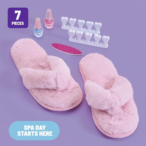 Claire's Kids Pedicure Kit, 7-Piece Home Spa Set with Fuzzy Slippers, Nail Polish, Toe Separators & Nail File, Kids Pedicure Tools for Feet, Girl Toys & Beauty Activity, Gift for Girls Age 8+