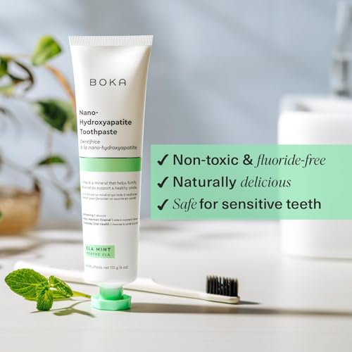 Boka Fluoride Free Toothpaste - Nano Hydroxyapatite - Ela Mint 4oz, Classic Manual Toothbrush, Mint and Tongue Scraper for Adults & Kids with Case
