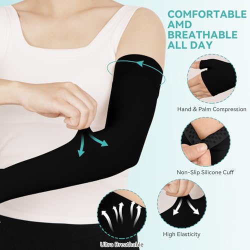 Lymphedema Compression Arm Sleeves for Women Men 20-30 mmHg, Single Medium Black(Single)
