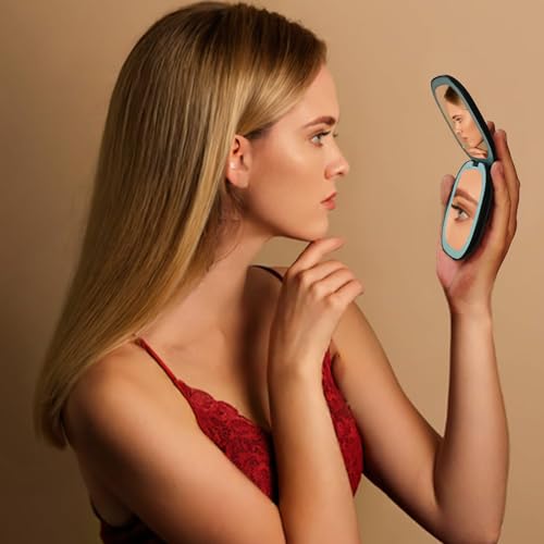 Qidoe Compact Travel Makeup Mirror, Rechargeable 1X/10X Magnifying Compact Mirror with Dimmable Light, 2-Sided Handheld Portable Folding Mirror, Mini Makeup Mirror for Purse, Pocket, Gifts (Black)