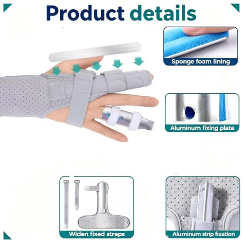 Adjustable Finger Splint with Metal Splint, Trigger Finger Brace Support for Index, Middle, Ring and Pinky Finger, Joint Stabilizer for Broken Finger and Postoperative Recovery