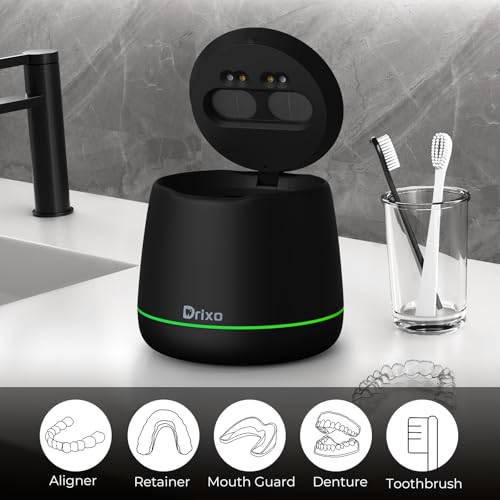 Drixo Ultrasonic Retainer Cleaner Machine, IPX6 Waterproof Dental Cleaning Pod, 3 Modes Denture Cleaner for Night Guard Mouth Guard Braces, 45kHz Denture Dome with UV Light, 200ML Tank, Jet Black