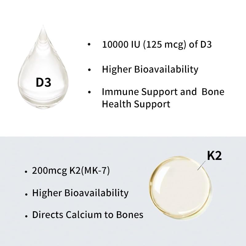 d3 k2 Vitamin 10000 iu, 180 Coconut Oil Softgels | 2 in 1 Vitamins Supplement D3 10000 IU & K2 (MK7) 200 mcg, Easy to Swallow, Supports Calcium Absorption, Bone Immune, & Heart Health 180softgels