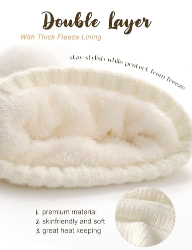 Hat Gloves Scarf Set For Women, Womens Winter Hats Fleece Lined Slouchy Beanie With Pom Scarf Thermal TouchScreen Gloves Sets Ivory