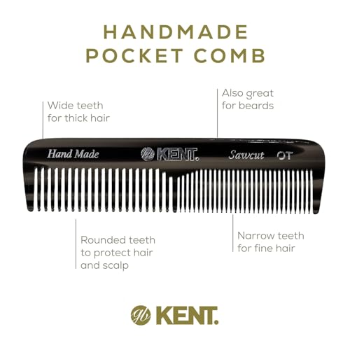 Kent OT Black Graphite Pocket Comb - Handmade Fine and Wide Tooth Hair Comb for Men, Women, and Kids - Travel, Beard, and Mustache Comb - Saw Cut and Hand Polished Made in England 2 Pack