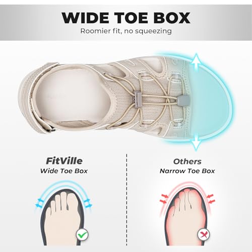 FitVille Women's Orthopedic Wide Sandals with Arch Support Breathable Adjustable Strap Comfortable Walking Sandals For Plantar Fasciitis, Swollen Feet 9 Wide Beige