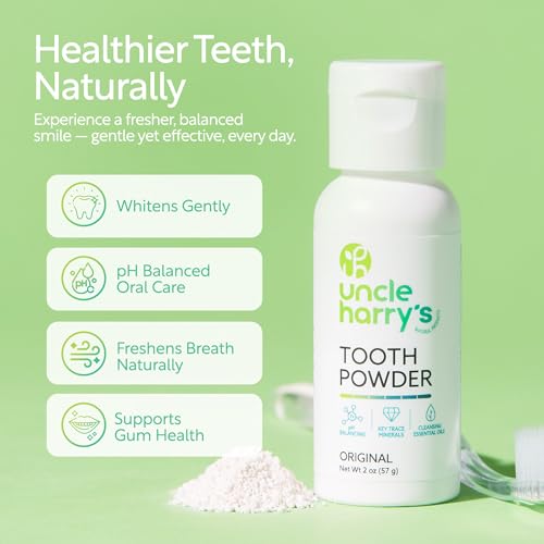 Uncle Harry's All Natural Tooth Powder | Alkalizing Remineralizing Enamel Support & Whitening Toothpaste for Sensitive Teeth | Powder Toothpaste for Gum Health & Fresh Breath (2 oz) (Pack of 2)
