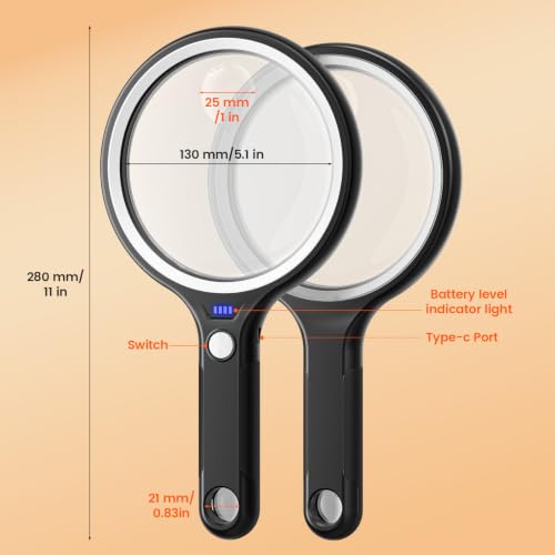 3X 5X 10X Rechargeable Magnifying Glass with Light Large for Reading