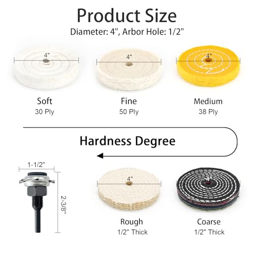 SCOTTCHEN 4" Buffing Polishing Wheels Soft(30Ply)/ Fine(50Ply)/ Medium(38Ply)/ Coarse 1/2" Thick/Rough 1/2" Thick with 1/2" Arbor Hole with 2sets 1/4" Shank for Drill - 5Pack