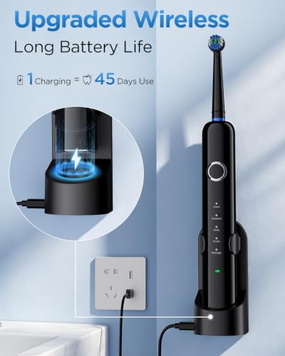 Rtauys Rotating Electric Toothbrush for Adults with 8 Brush Heads (2 Types), 5 Modes Rechargeable Power Toothbrush with Travel Case and 2 Minute Smrte Timer Black