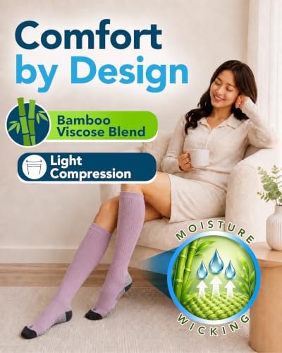 Doctor's Select® Bamboo Viscose Light Compression Socks for Women & Men - 3 Pairs, 8-15 mmHg Compression Socks, Knee High Medium Gray/Blue/Rose - 3 Pairs