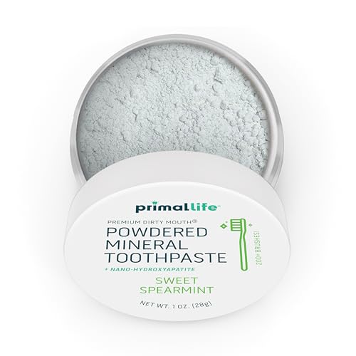 Primal Life Organics - Dirty Mouth Toothpowder, Tooth Cleaning Powder, Flavored Essential Oils with Natural Kaolin & Bentonite Clay, Good for 200+ Brushings, Organic, Vegan (Sweet Spearmint, 1 oz) Sweet Spearmint 1 Ounce (Pack of 1)