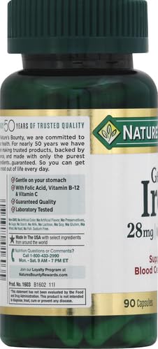 Nature’s Bounty Gentle Iron 28 mg Capsules with Vitamin C,Folic Acid,Vitamin B-12 Iron Supplement,Non-GMO,Gluten-Free,90 Count (Pack of 2) 90 Count (Pack of 2)
