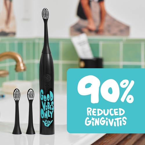 Made by Dentists Sonic X Electric Toothbrush – Rechargeable Kids Sonic Toothbrush, 8X Plaque Removal, 2 Speed Modes, 2-Minute Timer 6 Brush Heads Included, Tweens Ages 7+, Good Vibes Only Edition Black and Blue