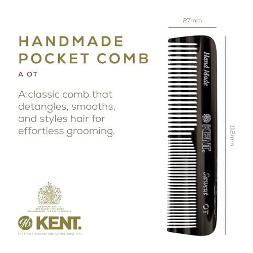 Kent OT Black Graphite Pocket Comb - Handmade Fine and Wide Tooth Hair Comb for Men, Women, and Kids - Travel, Beard, and Mustache Comb - Saw Cut and Hand Polished Made in England 2 Pack