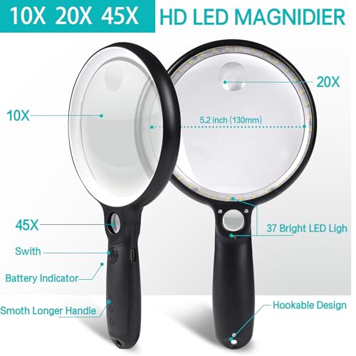 Large Magnifying Glass with 37 LED Light, 10X 20X 45X Handheld Illuminated White & Black Magnifier with Light (No Case)