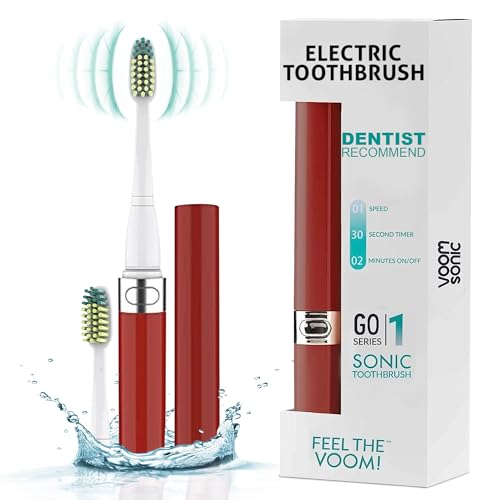 Voom Sonic Go 1 Series Travel Electric Toothbrush + 4PK Brush Heads, Travel Toothbrushes - Battery Operated Toothbrush for Adults & Kids, Portable with 2 Minute Timer (Metallic Red)