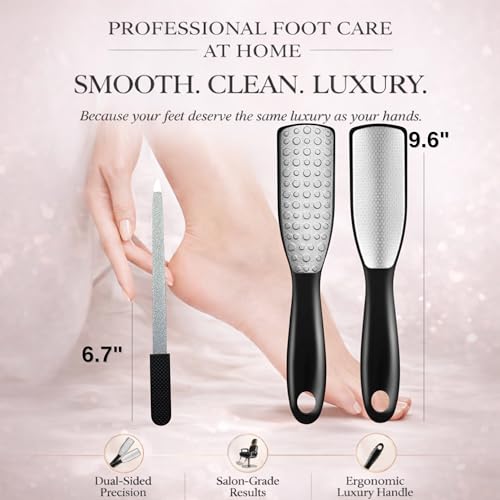 Professional Foot File & Callus Remover 2-in-1 Set for Seniors and Adults –9.6" Foot Rasp with 6.7" Nail File – Elegant Black– Durable & Hygienic Pedicure Tool for Smooth, Soft Feet–Wet & Dry Use