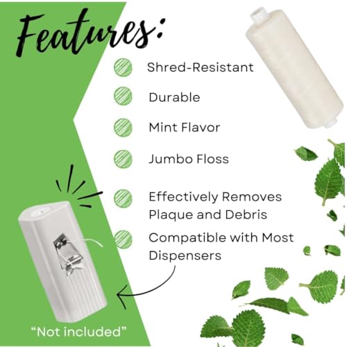 Dental Floss Refill 200 Yards Each, Shred-Resistant Durable Large Jumbo Mint Waxed Spool Floss Refill Bulk Pack with Green Translucent Dispenser (10-Pack) 60 Foot (Pack of 10)