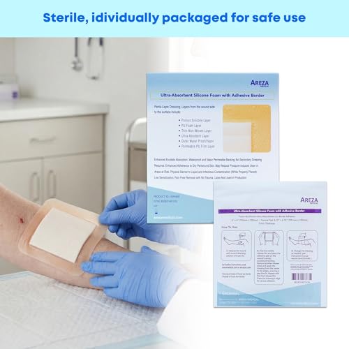 Areza Medical - Silicone Foam with Super-Absorbent Layer - Wound Dressing - Waterproof - with Silicone Adhesive Border - Sterile - 6" x 6" - 20 PCS per Box