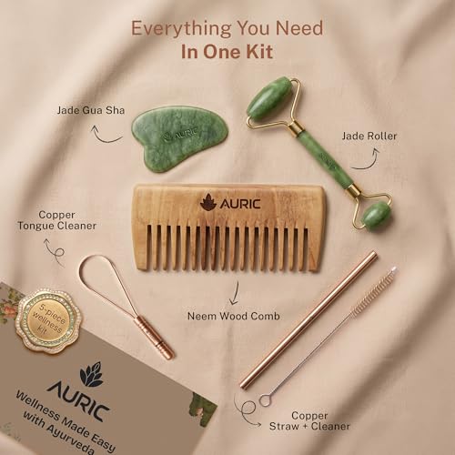 Auric Flow Wellness Kit – Copper Tongue Cleaner, Copper Straw with Cleaner, Neem (Indian Lilac) Wood Comb, Jade Gua Sha & Jade Roller | Daily Ayurvedic Self-Care Ritual Set