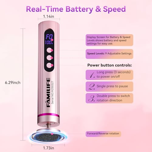 FAMILIFE Electric Foot File Callus Remover – Rechargeable Pedicure Tool with Display Screen, Replaceable Sandpaper Discs, Forward & Reverse Rotation, for Men and Women