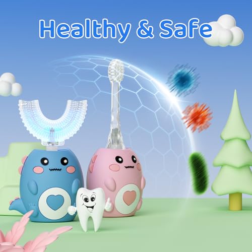 Kids U Shaped Electric Toothbrush, with 3 Cleaning Modes, with 4 Brush Heads, 360° Sonic Automatic Toothbrush, IPX7 Waterproof Cartoon Dinosaur Design (Ages 2-12) Dark Blue+c