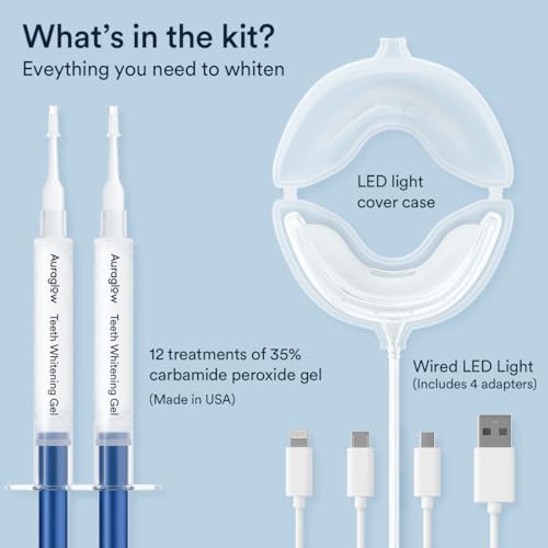 Auraglow Wired LED Teeth Whitening Kit & Extra Strength 44% Carbamide Peroxide Teeth Whitening Gel Refill Pack, 42 Treatments, Whiten Up to 10 Shades
