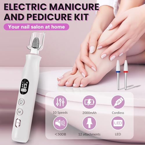 Electric Nail Drill Cordless 2000 mAh Rechargeable Portable Nail File Drill White