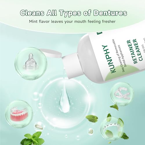 kunphy Ultrasonic Retainer Cleaner Solution Concentrate - 2 Pack Value Bundle, Professional Cleaning for Retainers, Dentures, Invisible Aligners, Mouth Guards, Removes Odors & Stains, 16 oz (Mint) 17oz