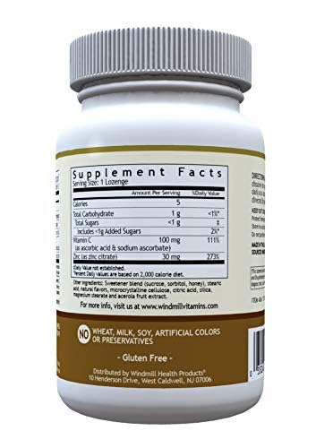 Windmill Health Products Natural Vitamins Zinc Lozenges with Vitamin C Honey Lemon Flavor, Immune System Support, Provides Antioxidant Support, Delicious & Fast Acting, 60 Lozenges, 60 Servings. 60 Count (Pack of 1)