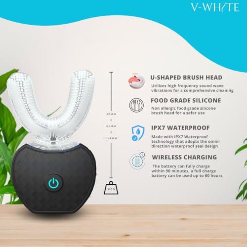 V-WHITE Ultrasonic U Shaped Auto Brush for Adults - Automatic Toothbrush Black 1 Count (Pack of 1)