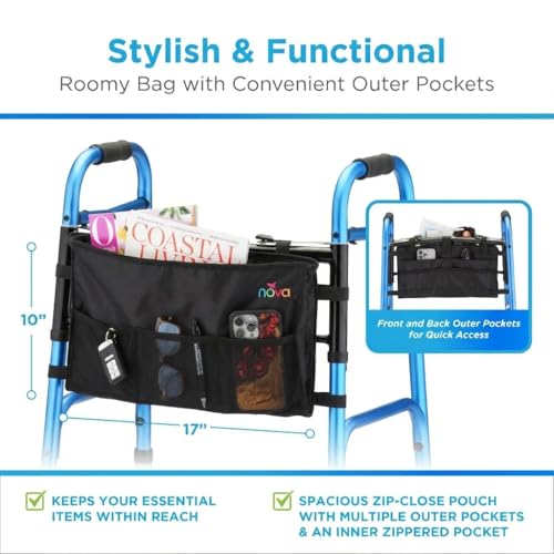 NOVA Walker Bag Organizer with Zippered Pouch and Pockets - Universal Fit for Folding and Bariatric Walkers - Lightweight Water-Resistant Walker Accessory for Seniors and Adults - Black
