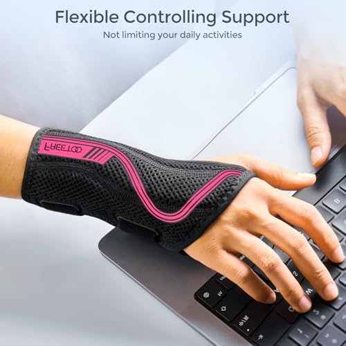 FREETOO Carpal Tunnel Wrist Brace Night Support, Right Hand, Medium Right Hand (Black-Rose Red)