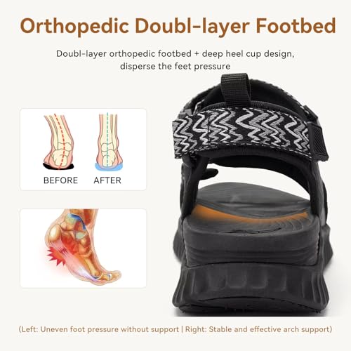 Womens Orthopedic Walking Hiking Sandals with Arch Support for Plantar Fasciitis Relief, Adjustable Strap Quick-Dry Non-Slip Lightweight Summer Outdoor Beach Shoes 8 Black