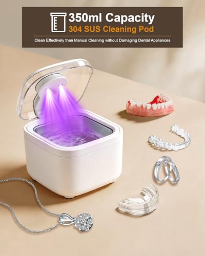 Ultrasonic Denture & Retainer Cleaner-45kHz Ultrasonic Cleaning Machine with UV Light 350ml 304 SUS Tank for Deep Cleaning Dentures Aligners Invisalign Mouth Guards Night Guards Braces & Jewelry