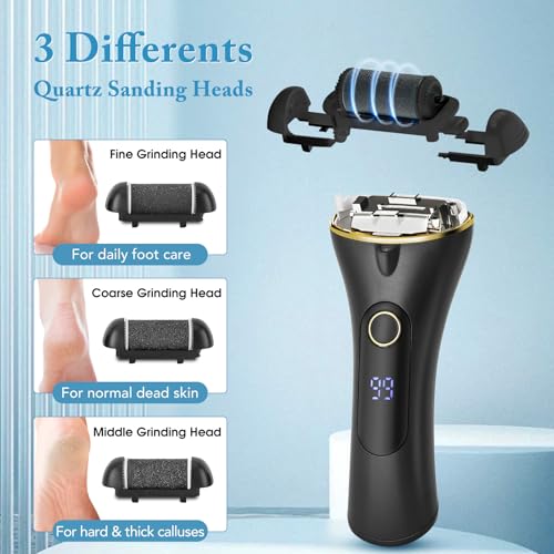 VINGVO Electric Feet Callus Remover, Rechargeable IPX5 Foot Care Pedicure Kit, for Dead Skin&Cracked Heel, Electric Foot File Set with 3 Roller Heads (Black) Black
