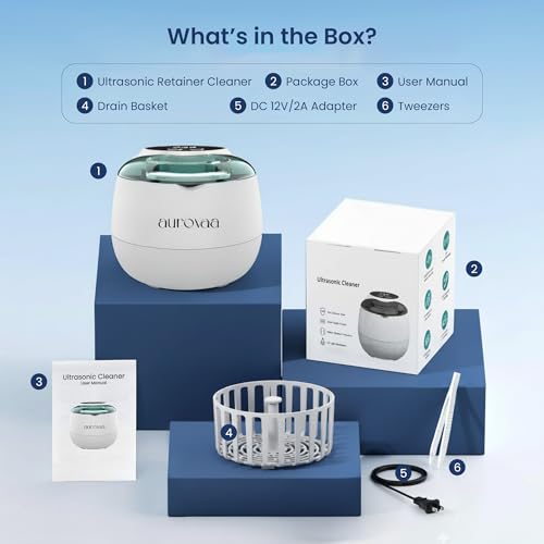 Rechargeable Ultrasonic Retainer Cleaner, 45kHz Portable Deep Cleaning Pod, Gentle Dental Cleaner for Aligners, Mouth Guards, Night Guards & Braces, Digital Timer with 4 Cleaning Modes