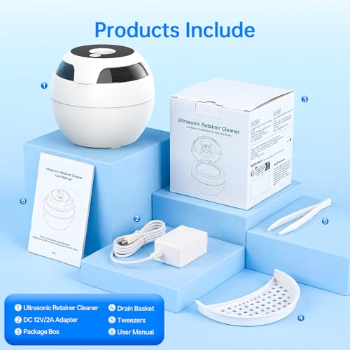 Dental Ultrasonic Retainer Cleaner Machine, 45kHz Cleaning Pod with Digital Timer & 200ML Stainless Steel Tank for Dentures, Aligners, Mouth Guards, Night Guards, Braces, Toothbrush Heads & Jewelry White